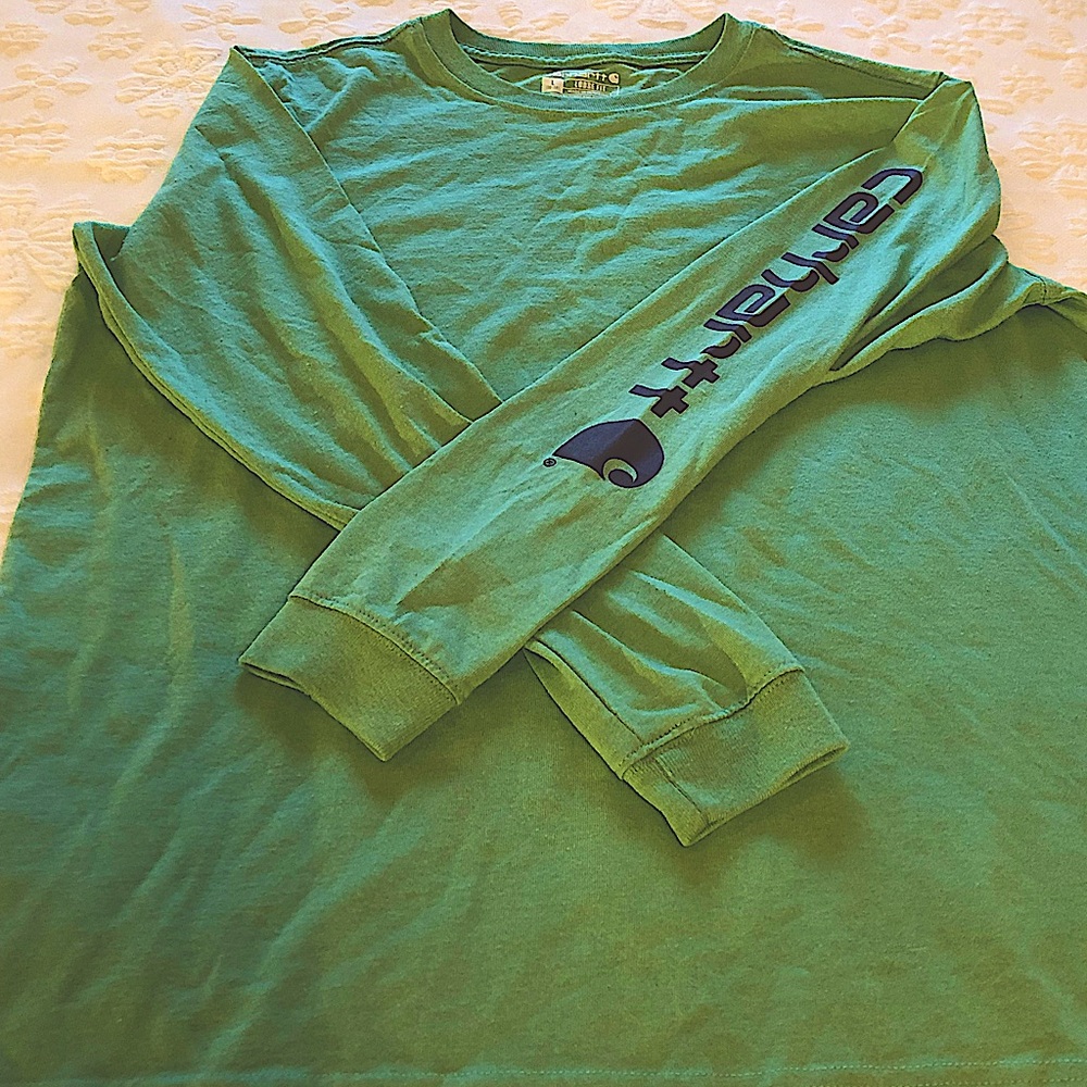 Carthartt Long Sleeve TShirt.Pale Green brown logo down 1sleeve.Size Large 12-14